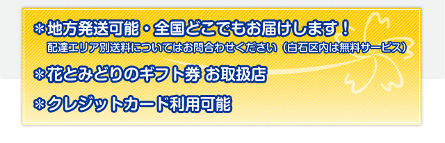 ＊地方発送・全国どこでもお届けします！配達エリア別発送料についてはお問合わせください（白石区内は無料サービス）＊花とみどりのイウト券、お取扱店 ＊クレジットカード利用可能